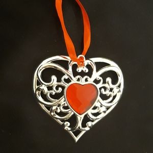 Lenox Gemmed Heart Ornament - Ornate Silver Tone Metal + Red Acrylic Jewel
